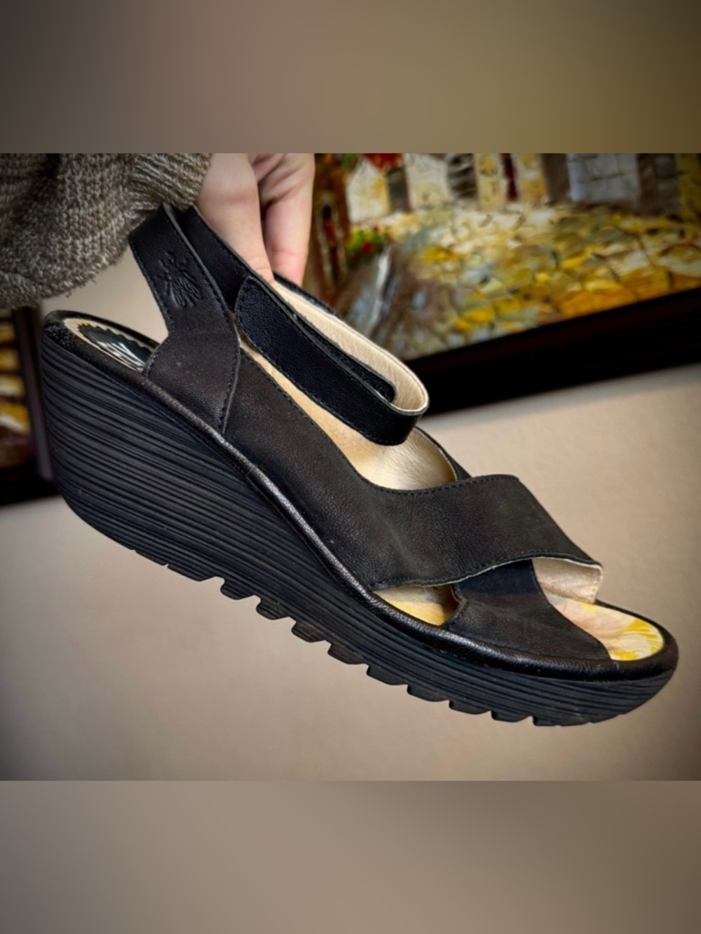 Fly London Yivi Black Leather Heels Sandals 40